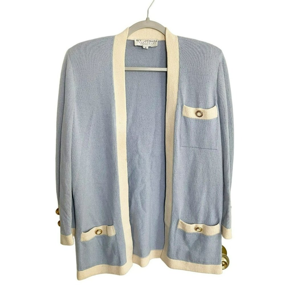 St. John Sportswear Sweater Santana Knit Tipped Cardigan Blue Size Small